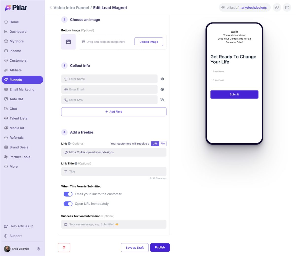 Pillar lead capture page with Email your link to the customer and Open URL immediately turned on