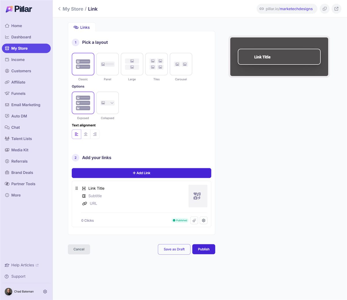 Pillar Link block editor with title, subtitle and URL fields