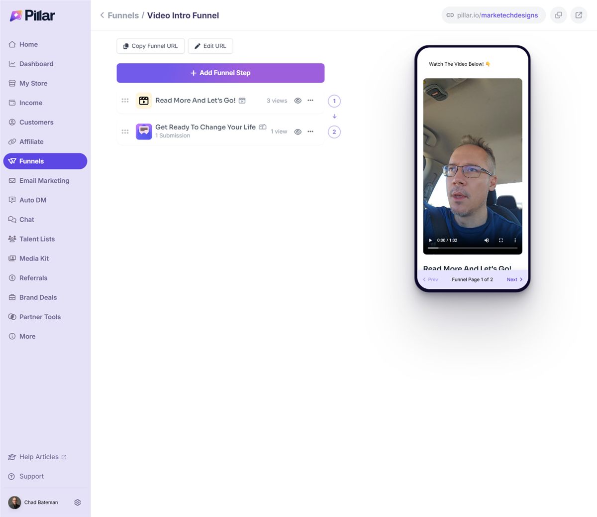 Pillar funnel templates with the Video Intro Funnel option